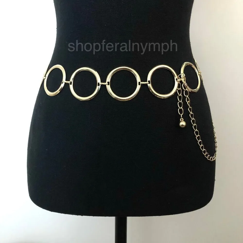 Vintage Y2K Retro Gold Open Circle Chain Belt, Fits 25–44 Inches, X7GA1191